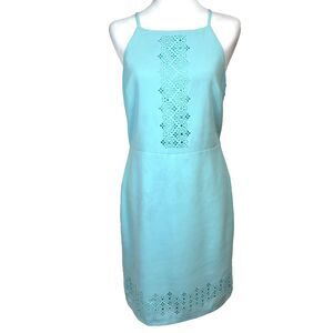 Banana Republic Laser Cut Halter Sheath Dress  Sz 6P Turquoise Easter Wedding
